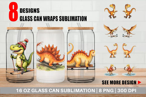 Glass Can UglyCute Dinosaur Winter Sports Watercolor Art Sublimation artnoy 