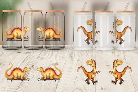 Glass Can UglyCute Dinosaur Winter Sports Watercolor Art Sublimation artnoy 