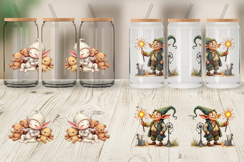 Glass Can UglyCute Elf Workshop Antics Watercolor Sublimation artnoy 
