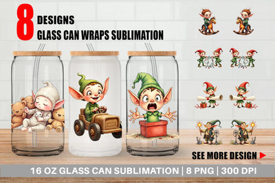 Glass Can UglyCute Elf Workshop Antics Watercolor Sublimation artnoy 
