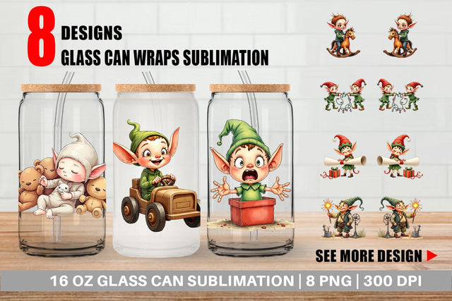 Glass Can UglyCute Elf Workshop Antics Watercolor Sublimation artnoy 