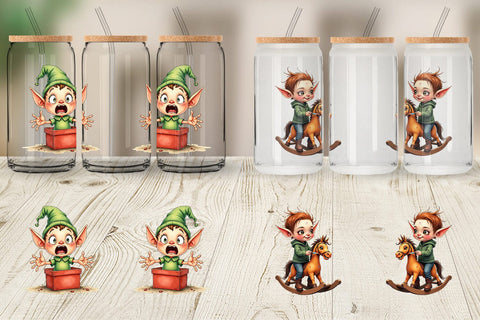 Glass Can UglyCute Elf Workshop Antics Watercolor Sublimation artnoy 