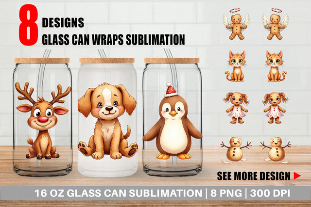 Glass Can UglyCute Gingerbread Pals Watercolor Sublimation artnoy 