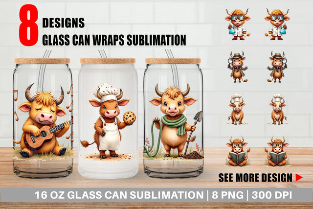 Glass Can UglyCute Highland Cow Occupations Quirky Jobs & Hobbies Sublimation artnoy 