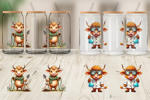 Glass Can UglyCute Highland Cow Occupations Quirky Jobs & Hobbies Sublimation artnoy 