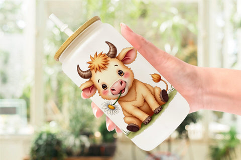 Glass Can UglyCute Highland Cow Watercolor Quirky Farm Friends Sublimation artnoy 