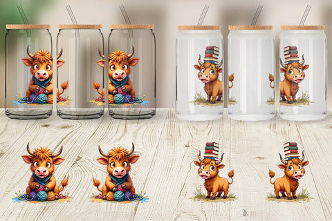 Glass Can UglyCute Highland Cow Watercolor Quirky Farm Friends Sublimation artnoy 
