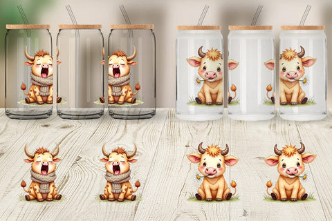 Glass Can UglyCute Highland Cow Watercolor Quirky Farm Friends Sublimation artnoy 