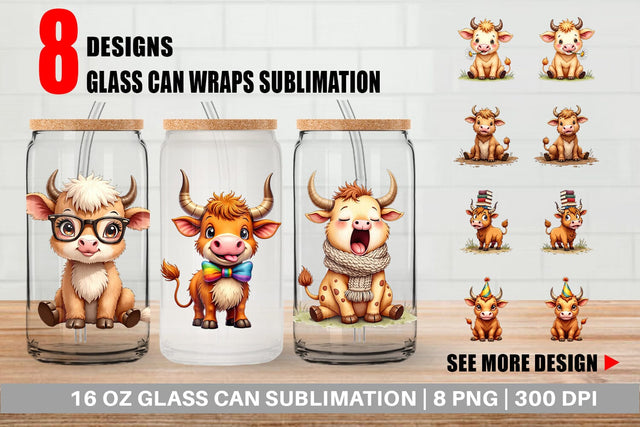 Glass Can UglyCute Highland Cow Watercolor Quirky Farm Friends Sublimation artnoy 
