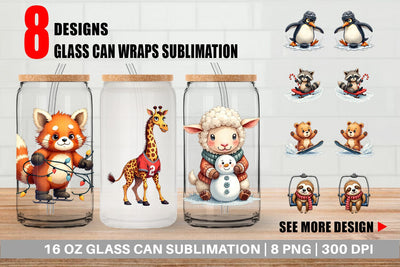 Glass Can UglyCute Winter Sports Animals Watercolor Sublimation artnoy 