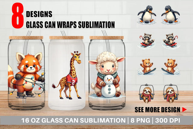 Glass Can UglyCute Winter Sports Animals Watercolor Sublimation artnoy 