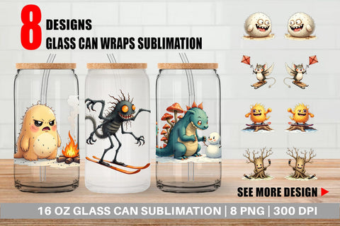 Glass Can UglyCute Woodland Monsters Winter Sports Sublimation artnoy 