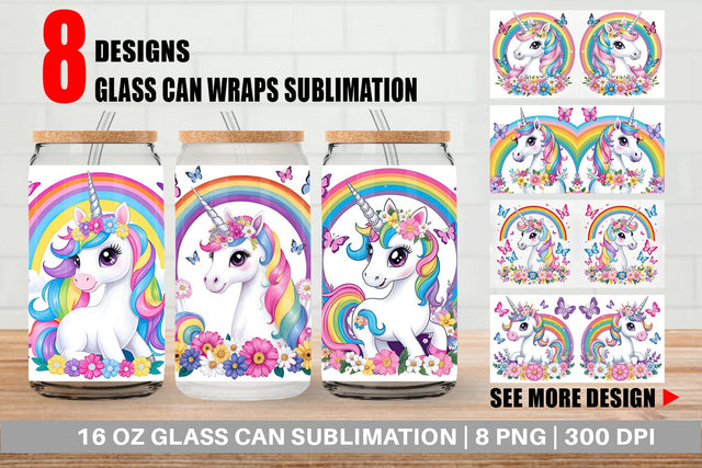 Glass Can Unicorn and Rainbow Sublimation artnoy 