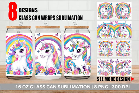 Glass Can Unicorn and Rainbow Sublimation artnoy 