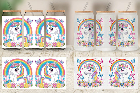Glass Can Unicorn and Rainbow Sublimation artnoy 