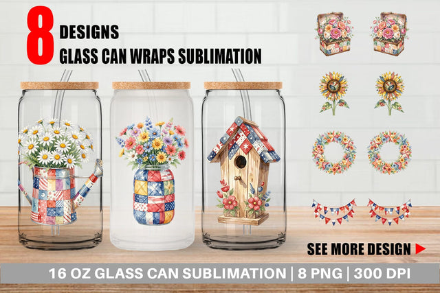 Glass Can USA Quilted Floral Bunting Watercolor Sublimation artnoy 