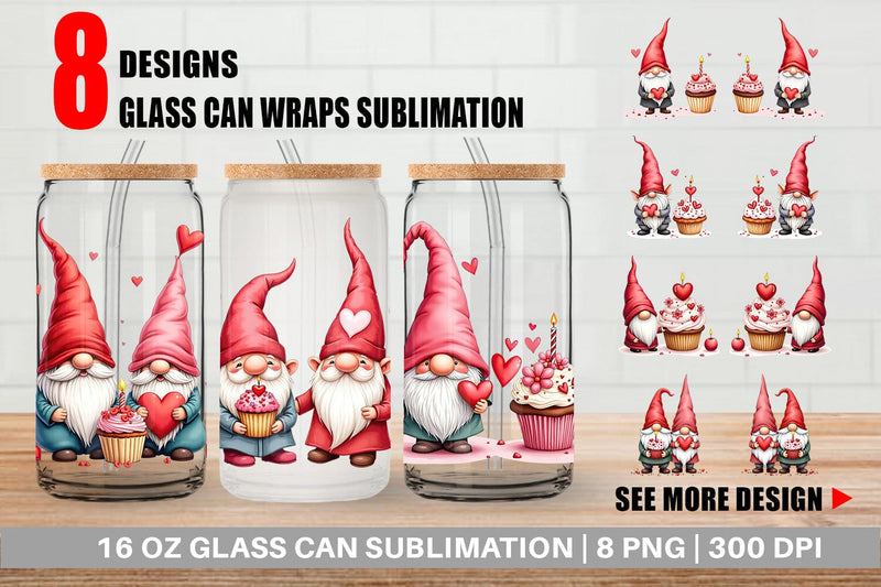 Glass Can Valentine Cupcake Gnome Sublimation artnoy 