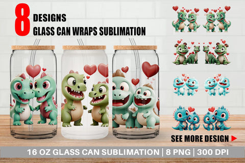 Glass Can Valentine Dinosaur Sublimation artnoy 