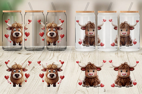 Glass Can Valentine Highland Cow Sublimation artnoy 