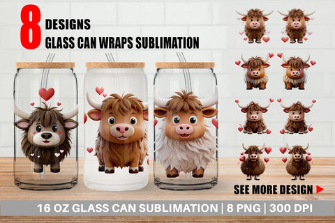 Glass Can Valentine Highland Cow Sublimation artnoy 