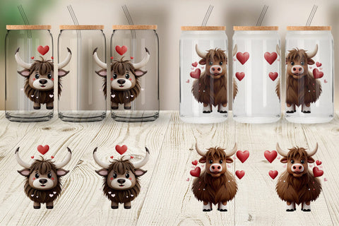 Glass Can Valentine Highland Cow Sublimation artnoy 