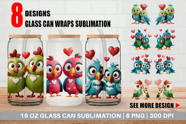 Glass Can Valentine Parrot Sublimation artnoy 