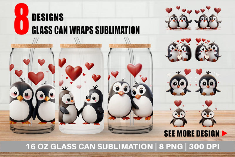 Glass Can Valentine Penguin Sublimation artnoy 