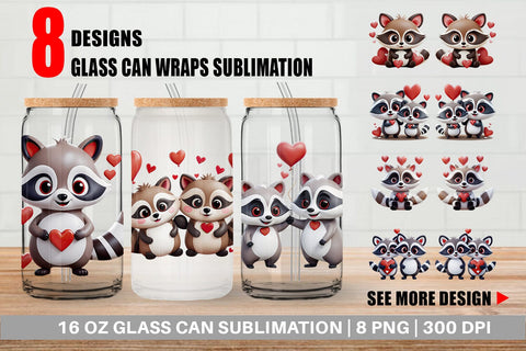 Glass Can Valentine Raccoon Sublimation artnoy 