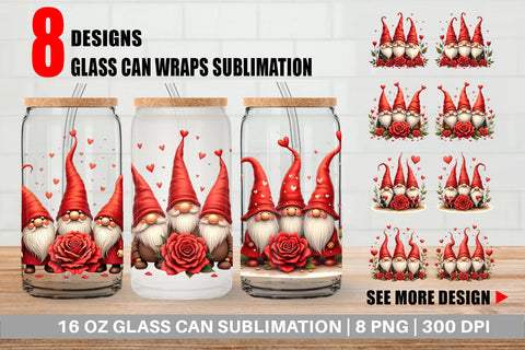 Glass Can Valentine Rose Gnome Sublimation artnoy 