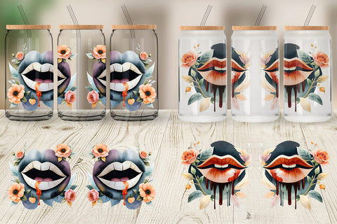 Glass Can Vampire Lips Watercolor Floral Sublimation artnoy 