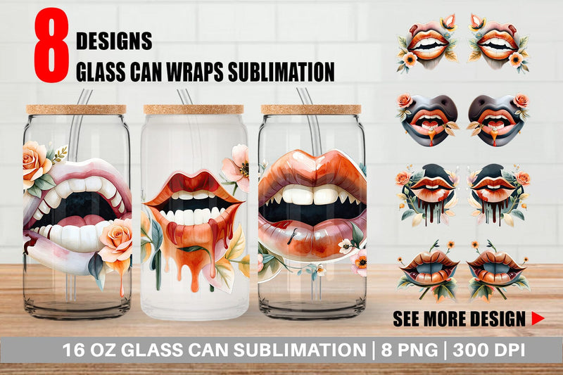 Glass Can Vampire Lips Watercolor Floral Sublimation artnoy 