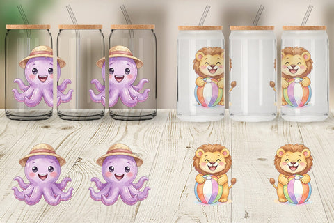 Glass Can Vibrant Summer Animals Watercolor Sublimation artnoy 