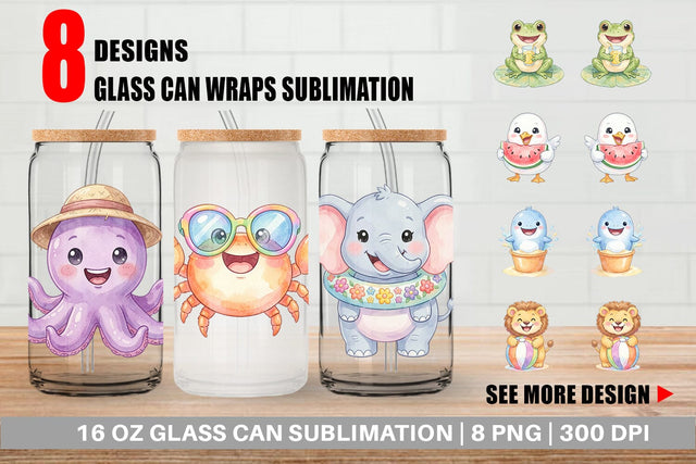 Glass Can Vibrant Summer Animals Watercolor Sublimation artnoy 