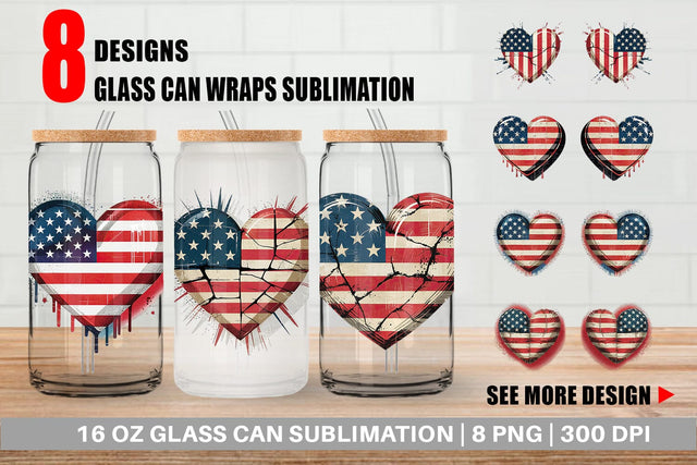Glass Can Vintage American Flag Heart Sublimation artnoy 