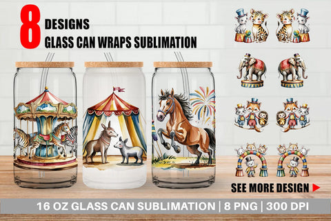 Glass Can Vintage Animal Circus Sublimation artnoy 
