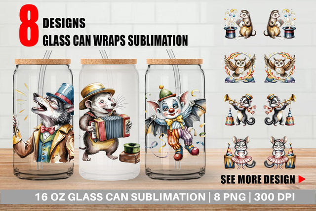 Glass Can Vintage Animal Circus Sublimation artnoy 