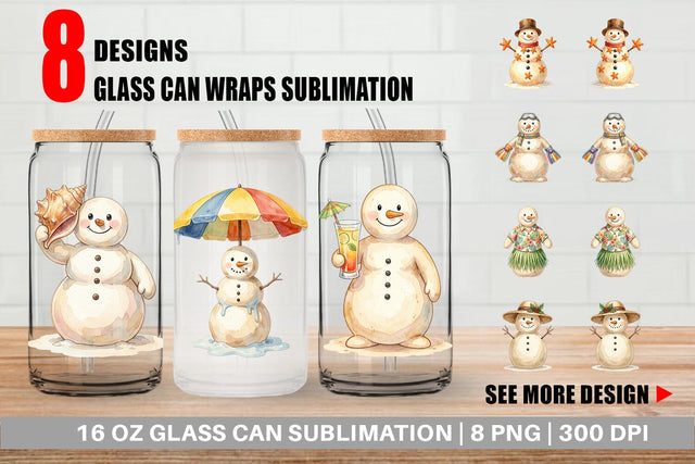 Glass Can Vintage Beach Sand Snowman Watercolor Sublimation artnoy 