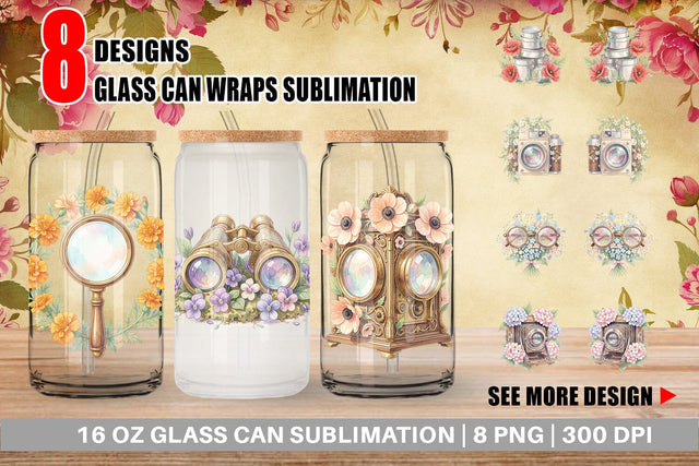 Glass Can Vintage Camera And Floral Watercolor Sublimation artnoy 