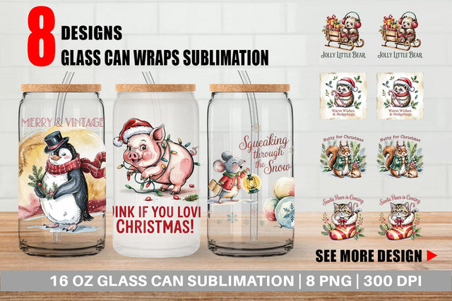 Glass Can Vintage Christmas Animal Sublimation artnoy 
