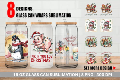 Glass Can Vintage Christmas Animal Sublimation artnoy 