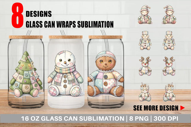 Glass Can Vintage Christmas Patchwork Watercolor Sublimation artnoy 