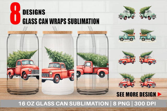 Glass Can Vintage Christmas Truck Sublimation artnoy 