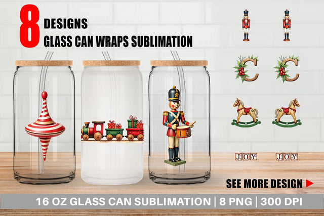 Glass Can Vintage Christmas Wooden Toys Watercolor Sublimation artnoy 