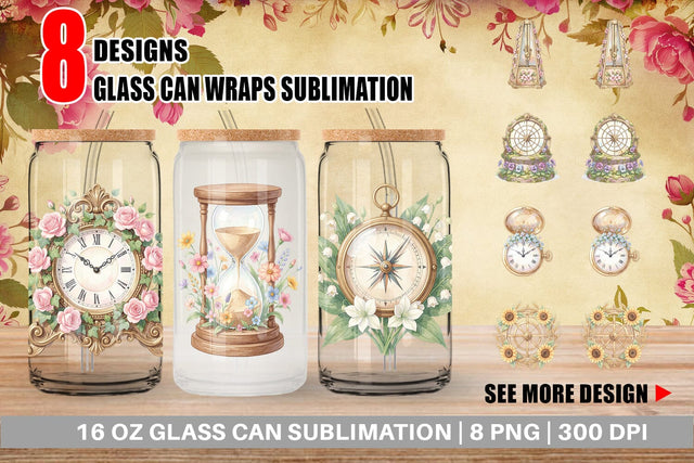 Glass Can Vintage Clock And Floral Watercolor Sublimation artnoy 