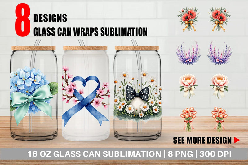 Glass Can Vintage Floral Bow Sublimation artnoy 