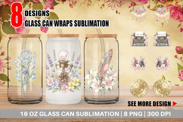 Glass Can Vintage Letter And Floral Watercolor Sublimation artnoy 