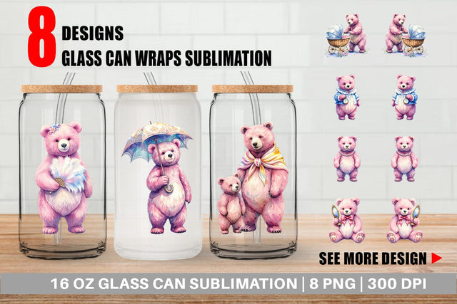 Glass Can Vintage Mama Bear Watercolor Sublimation artnoy 