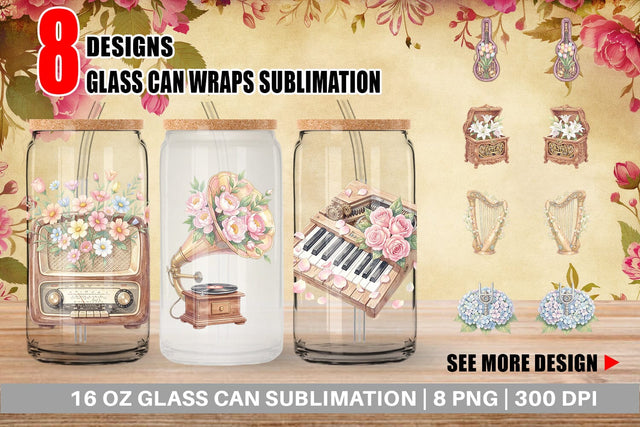 Glass Can Vintage Music And Floral Watercolor Sublimation artnoy 
