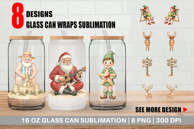 Glass Can Vintage Surfing Santa Watercolor Sublimation artnoy 