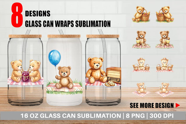 Glass Can Vintage Teddy Bear Picnic Watercolor Sublimation artnoy 